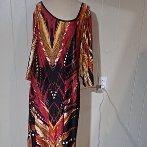 Ashley Stewart Red and Orange Abstract Long Sleeve Dress
